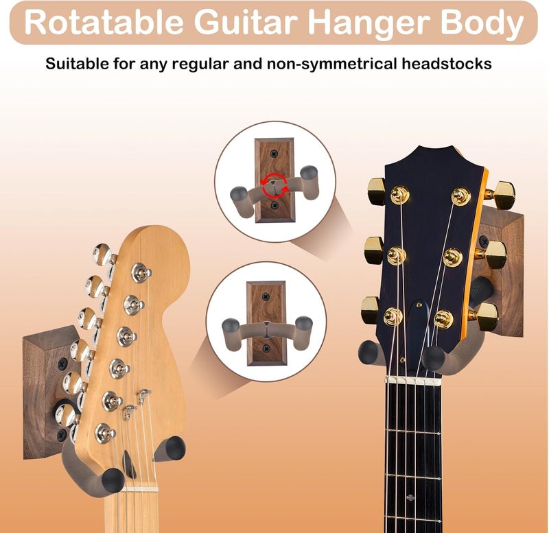 DOMMI Guitar Wall Mount 4 Pack, Guitar Holder with Rotatable Soft Guitar Hook for All Size Guitars, Hardwood U-Shaped Guitar Hanger Wall Mount for Acoustic, Electric Guitar, Bass, Black Walnut - Image 3